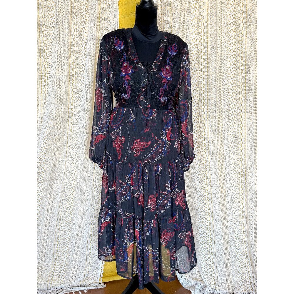 Reba Black Lace Up Paisley Print Metallic Bohemian Embroidered Maxi Dress XL - Picture 6 of 17